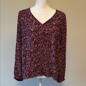 J. Crew Maroon Floral V-Neck Blouse